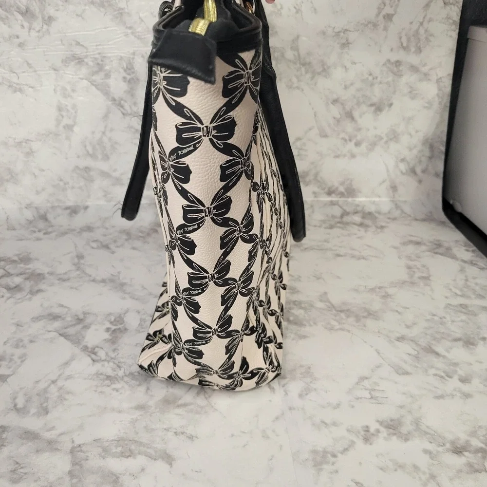 Betsey Johnson Bow Print Tote Bag Cream Black Gold Studded Large Shoulder Bag